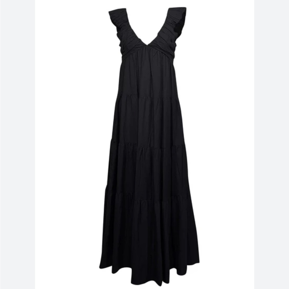 Jason Wu Tiered Linen Blend Pleated Maxi Dress Black Womens Size Extra Small
